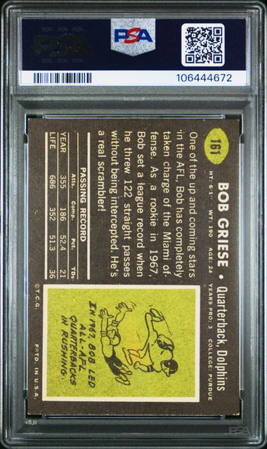 Graded 1969 Topps Bob Griese #161 Football Card PSA 6 EX-MT - Image 2