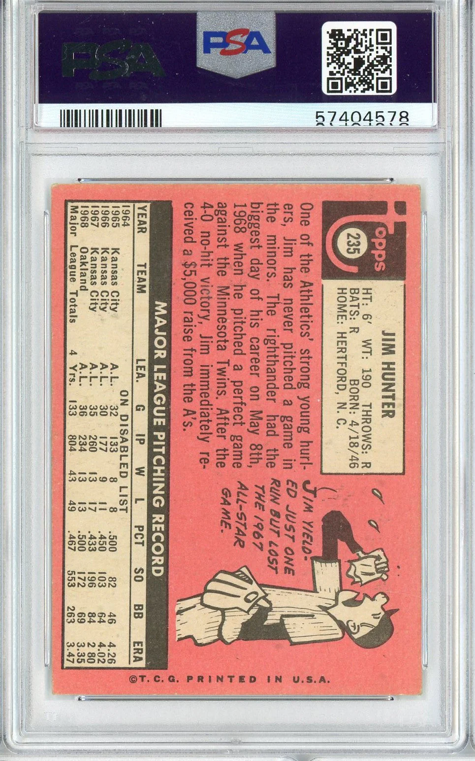 Graded 1969 Topps Jim Catfish Hunter #235 Baseball Card PSA 4 VG-EX - Image 2