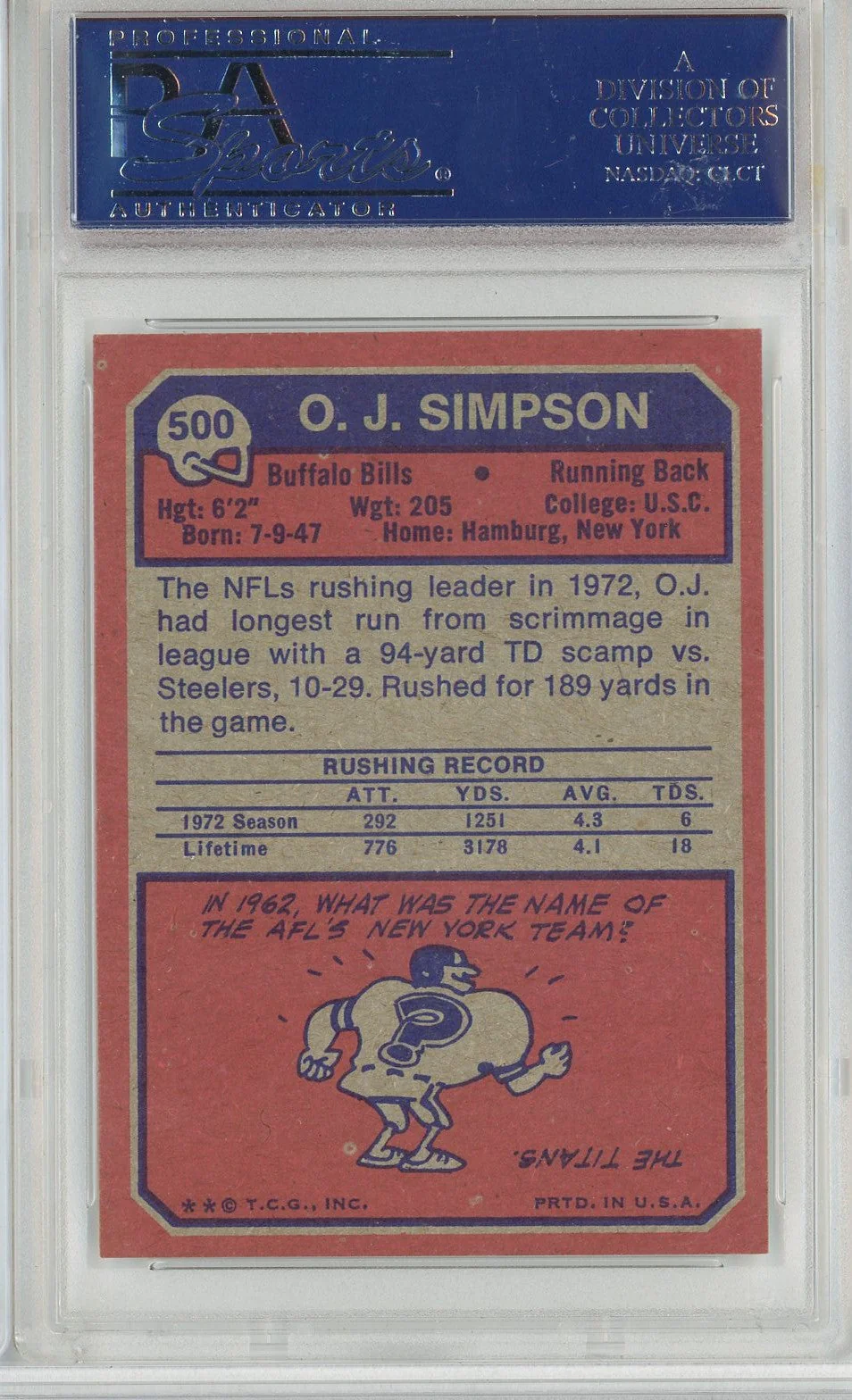 Graded 1973 Topps OJ Simpson #500 Football Card PSA 8 NM-MT - Image 2