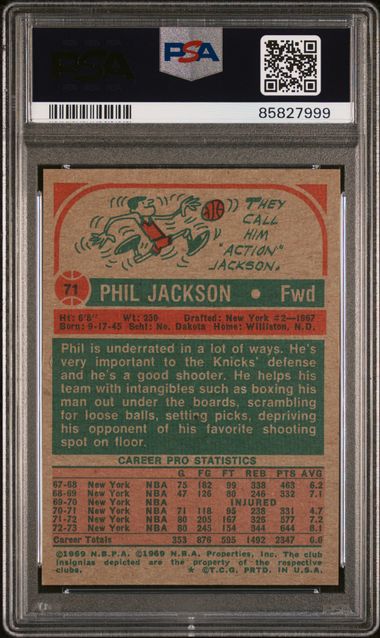 Graded 1973 Topps Phil Jackson #71 2nd Year Basketball Card PSA 9 Mint - Image 2