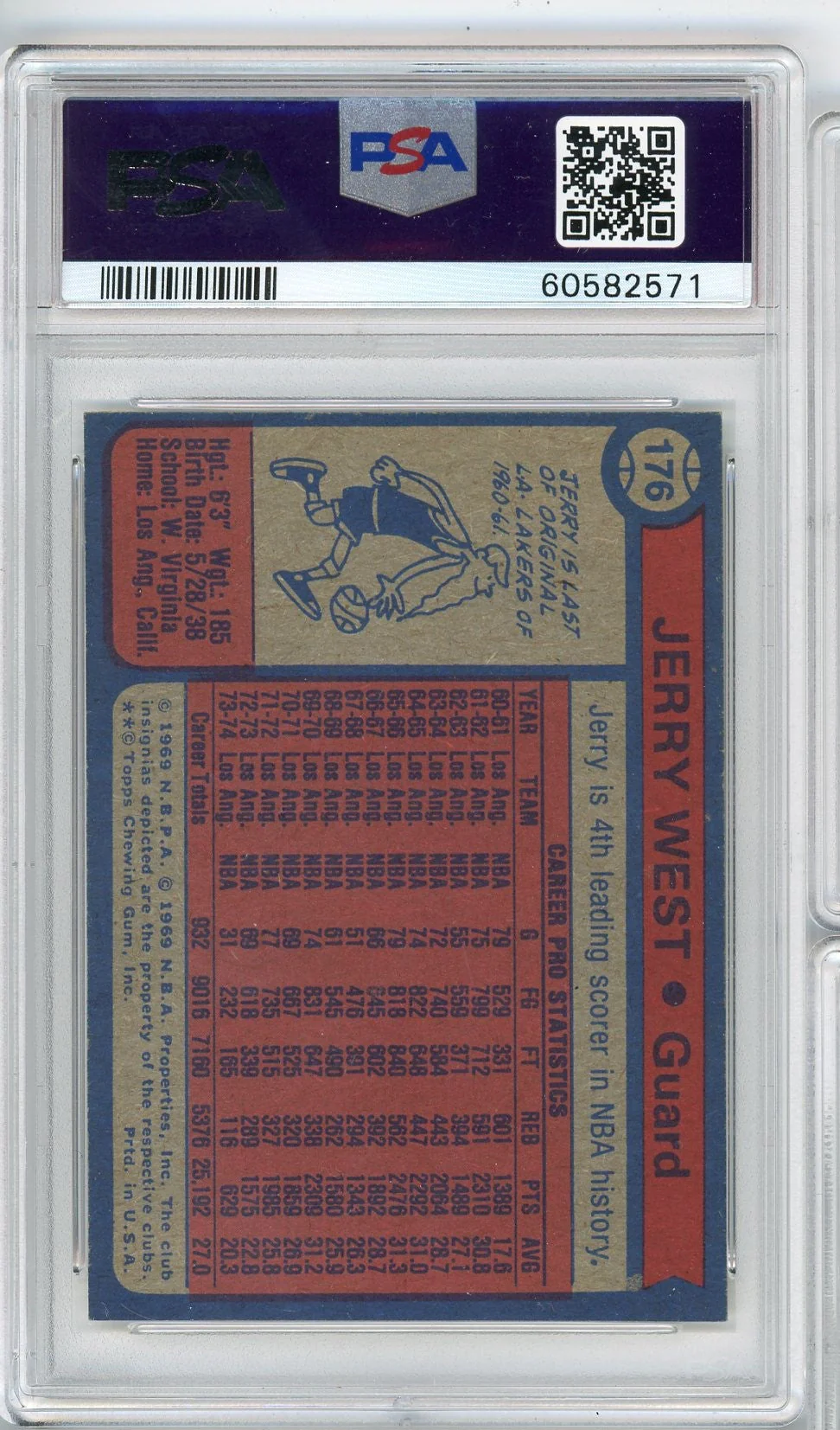 Graded 1974 Topps Jerry West #176 Basketball Card PSA 7 Near Mint - Image 2