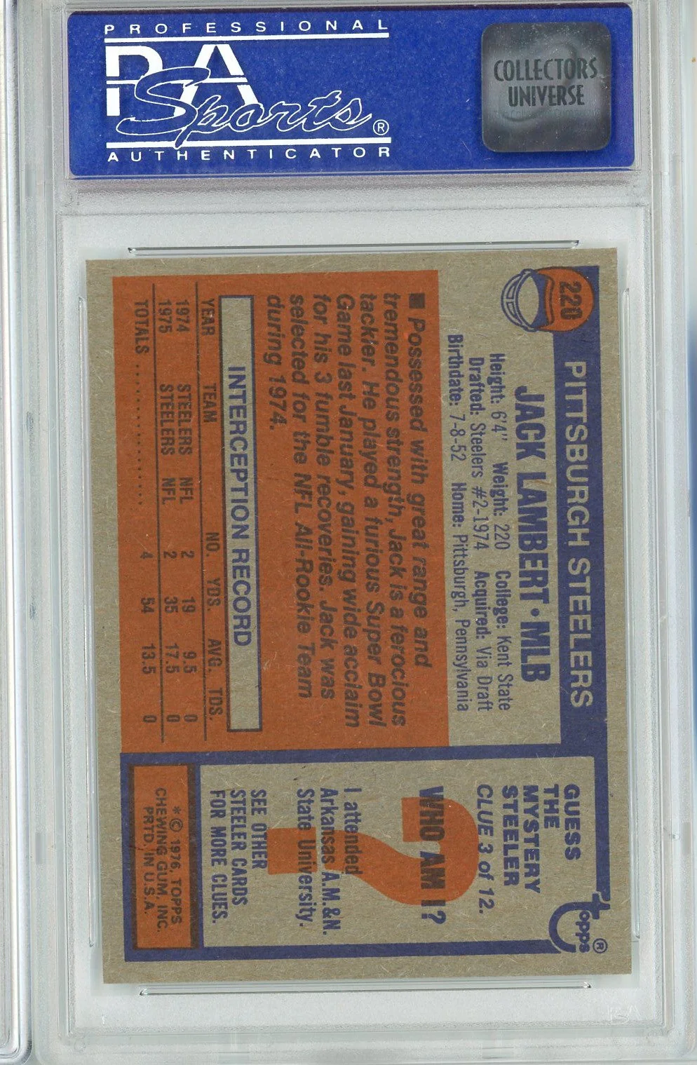 Graded 1976 Topps Jack Lambert #220 Rookie RC Football Card PSA 8 NM-MT - Image 2