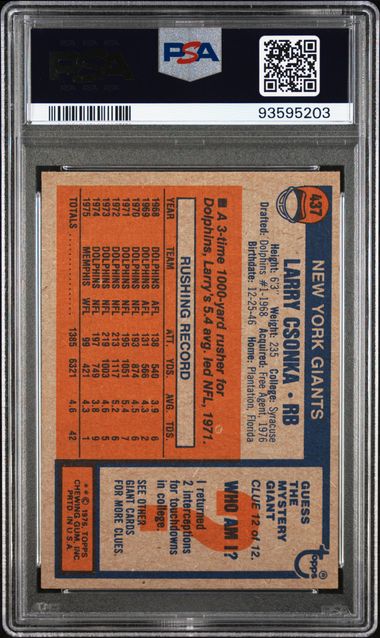 Graded 1976 Topps Larry Csonka #437 Football Card PSA 6 EX-MT - Image 2