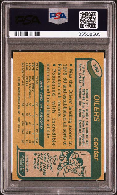Graded 1980 Topps Wayne Gretzky #250 2nd Year Hockey Card PSA 6 EX-MT - Image 2