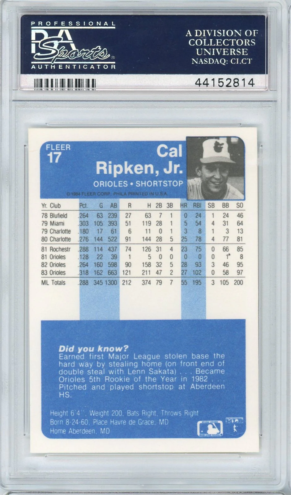 Graded 1984 Fleer Cal Ripken Jr. #17 Baseball Card PSA 10 Gem Mint - Image 2