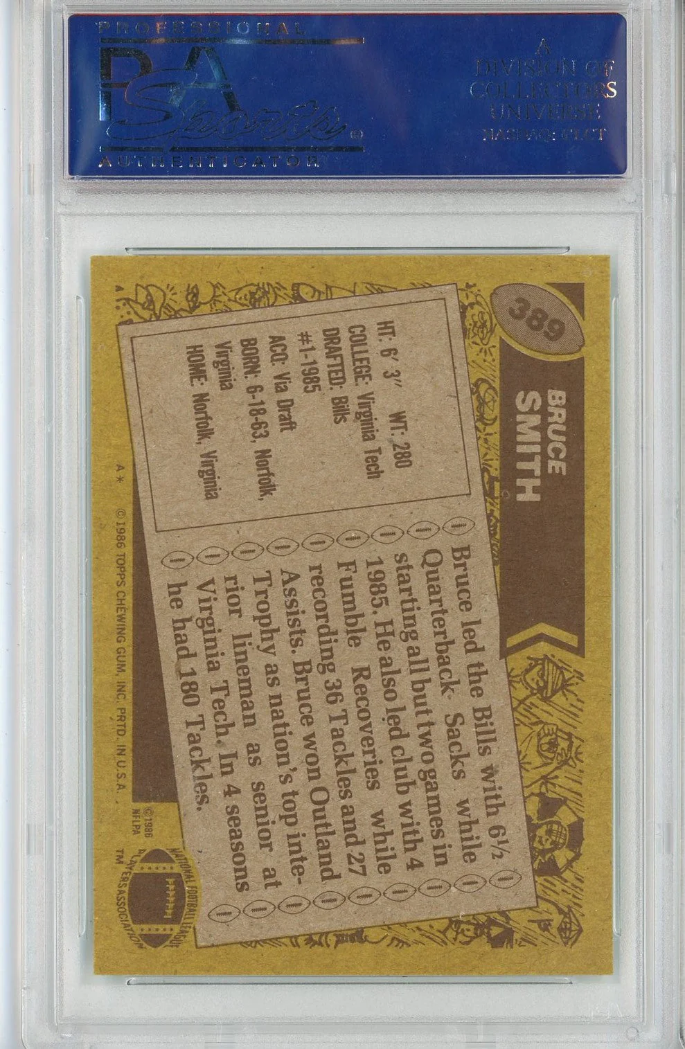 Graded 1986 Topps Bruce Smith #389 Rookie RC Football Card PSA 8 NM-MT - Image 2