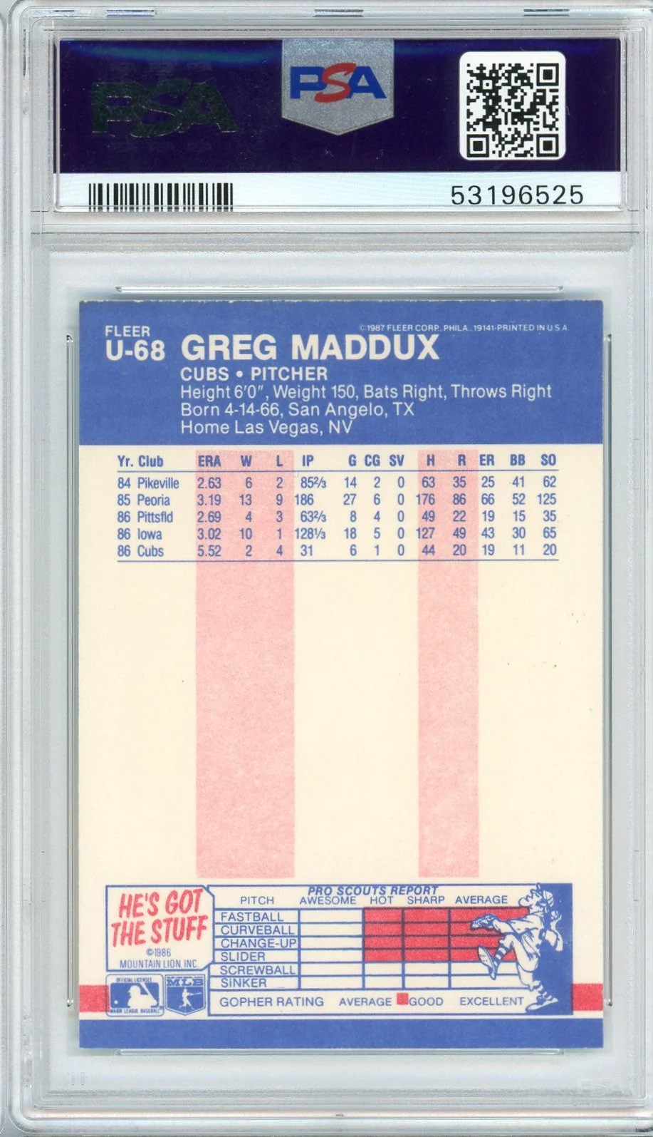Graded 1987 Fleer Update Greg Maddux #U68 Rookie RC Baseball Card PSA 9 Mint - Image 2