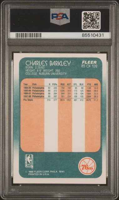 Graded 1988 Fleer Charles Barkley #85 Basketball Card PSA 9 Mint - Image 2