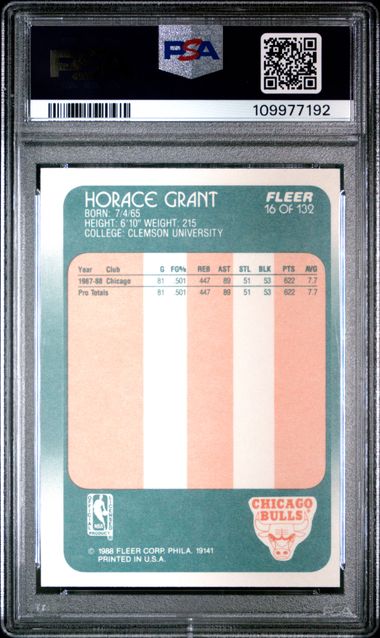 Graded 1988 Fleer Horace Grant #16 Rookie RC Basketball Card PSA 8 NM-MT - Image 2