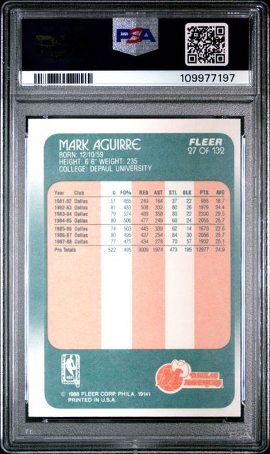 Graded 1988 Fleer Mark Aguirre #27 Basketball Card PSA 8 NM-MT - Image 2