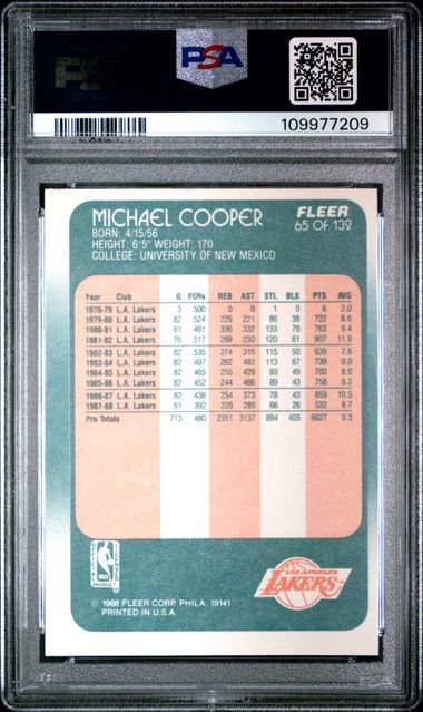 Graded 1988 Fleer Michael Cooper #65 Basketball Card PSA 8 NM-MT - Image 2