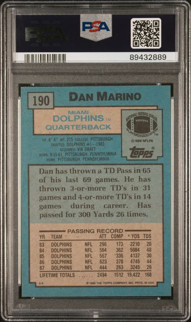 Graded 1988 Topps Dan Marino #190 Football Card PSA 10 Gem Mint - Image 2