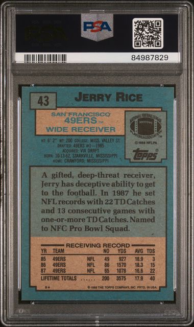 Graded 1988 Topps Jerry Rice #43 Football Card PSA 9 Mint - Image 2