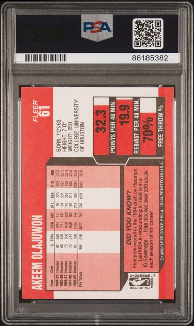 Graded 1989 Fleer Hakeem Akeem Olajuwon #61 Basketball Card PSA 10 Gem Mint - Image 2