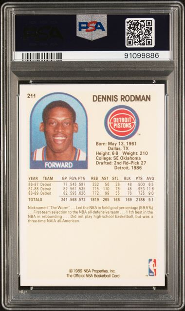 Graded 1989 Hoops Dennis Rodman #211 2nd Year Basketball Card PSA 10 Gem Mint - Image 2