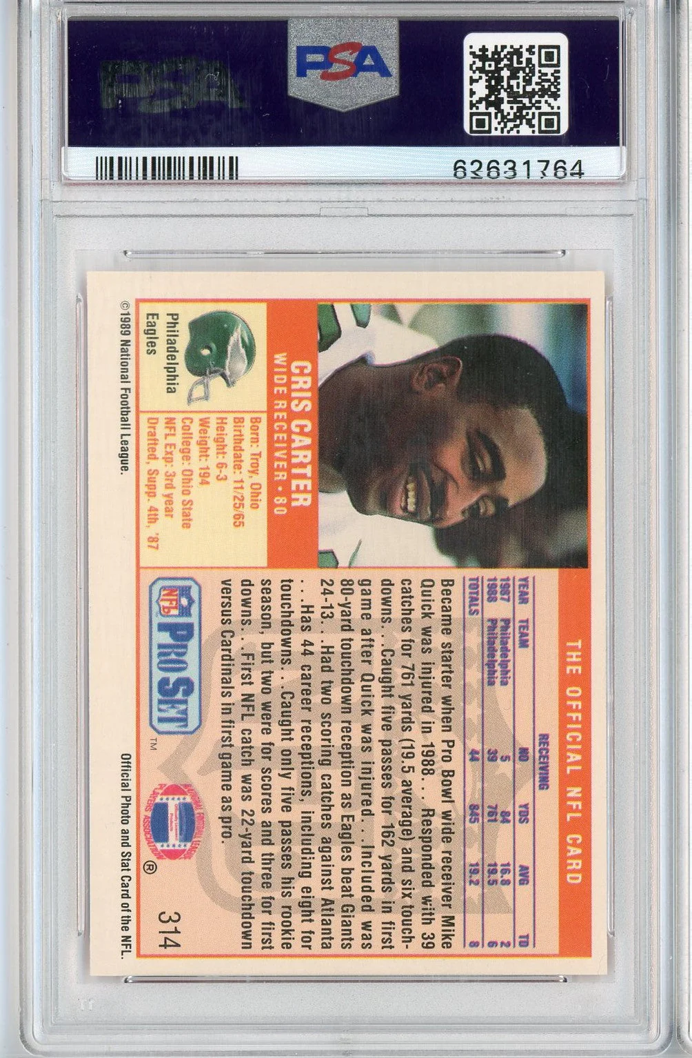 Graded 1989 Pro Set Cris Carter #314 Rookie RC Football Card PSA 10 Gem Mint - Image 2