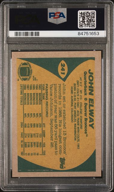 Graded 1989 Topps John Elway #241 Football Card PSA 10 Gem Mint - Image 2