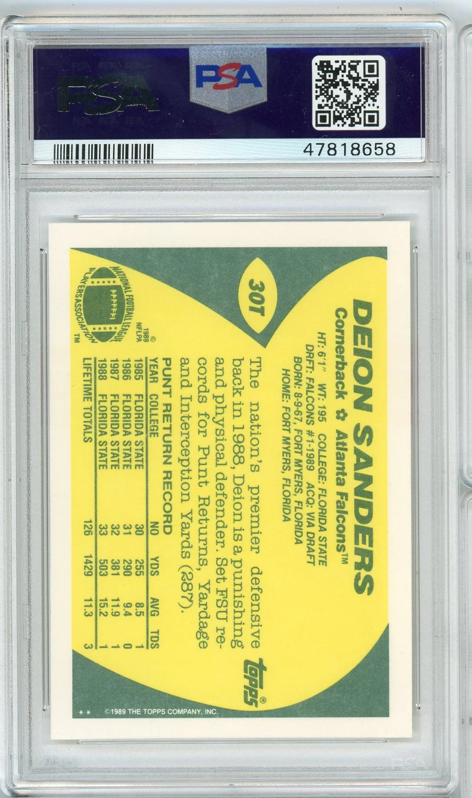 Graded 1989 Topps Traded Deion Sanders #30T Rookie RC Football Card PSA 9 Mint - Image 2
