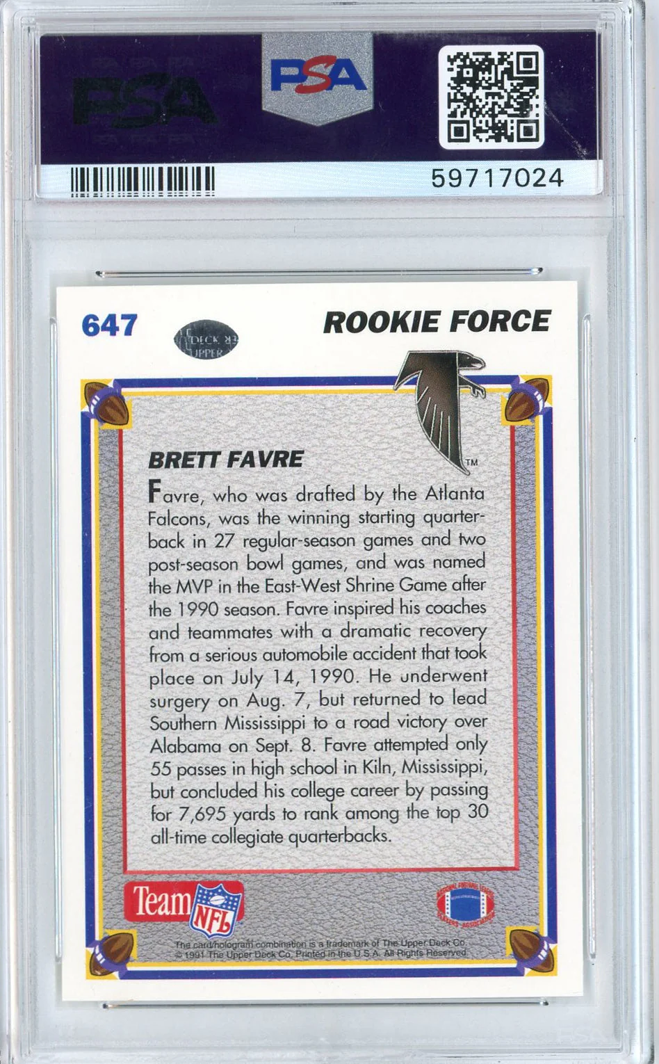 Graded 1991 Upper Deck Brett Favre #647 Rookie RC Football Card PSA 10 Gem Mint - Image 2