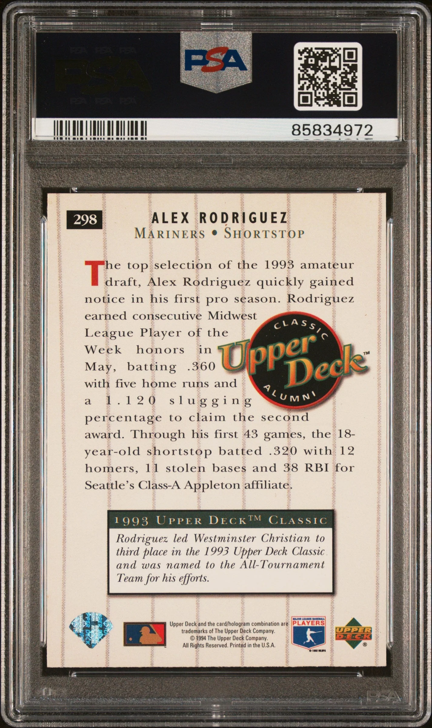 Graded 1994 Upper Deck Alex Rodriguez #298 Rookie RC Baseball Card PSA 10 Gem Mint - Image 2