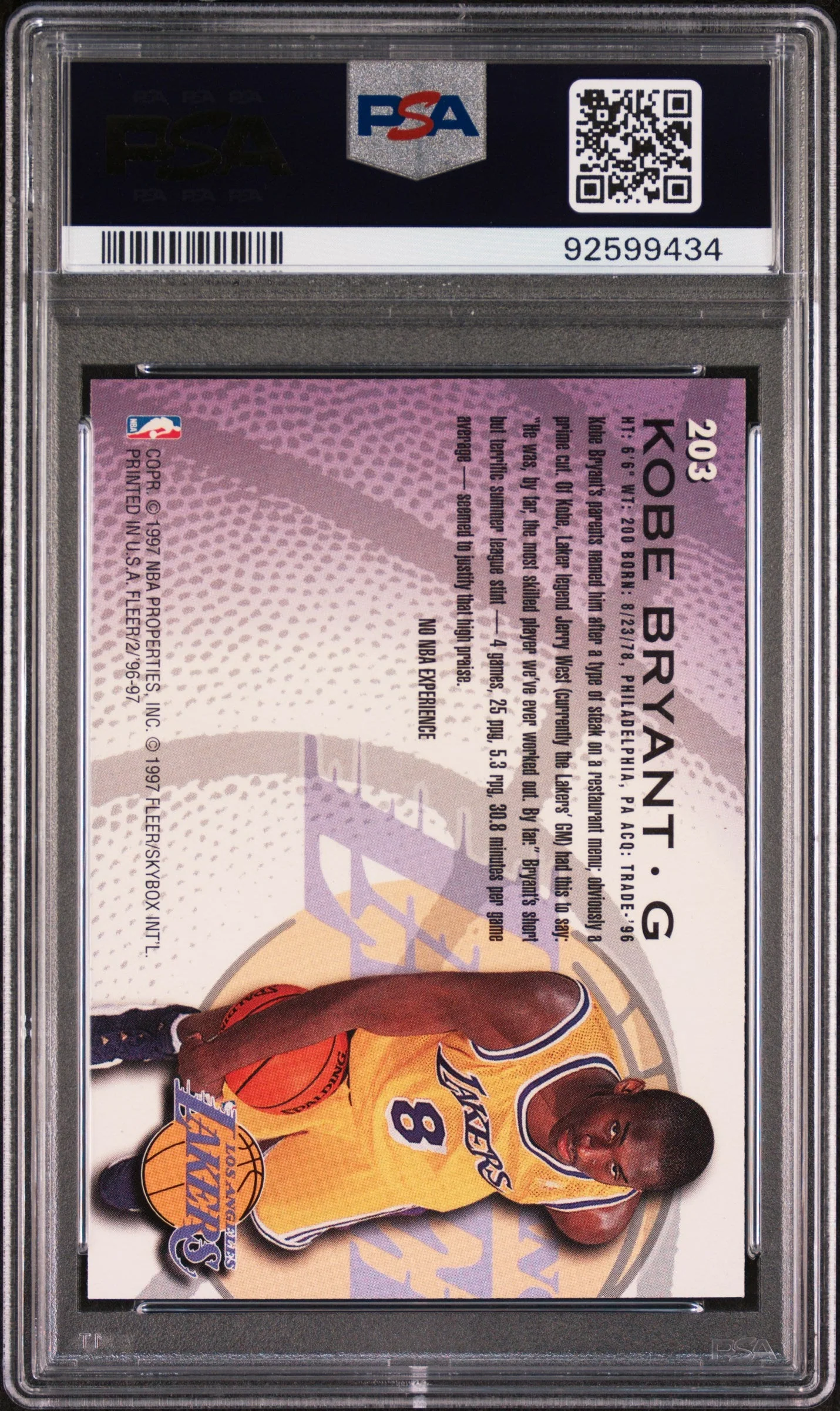 Graded 1996 Fleer Kobe Bryant #203 Rookie RC Basketball Card PSA 9 Mint - Image 2