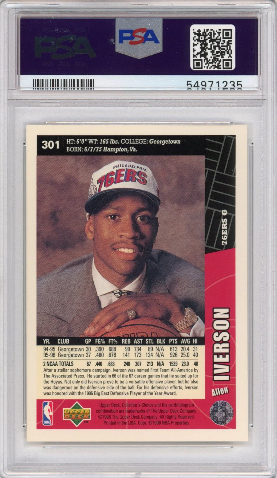 Graded 1996 Upper Deck Collector's Choice Allen Iverson #301 Rookie RC Basketball Card PSA 10 Gem Mint - Image 2