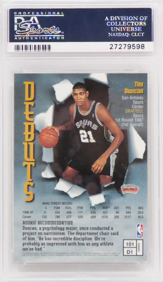 Graded 1997 Topps Finest Tim Duncan #101 Rookie RC Basketball Card PSA 10 Gem Mint - Image 2