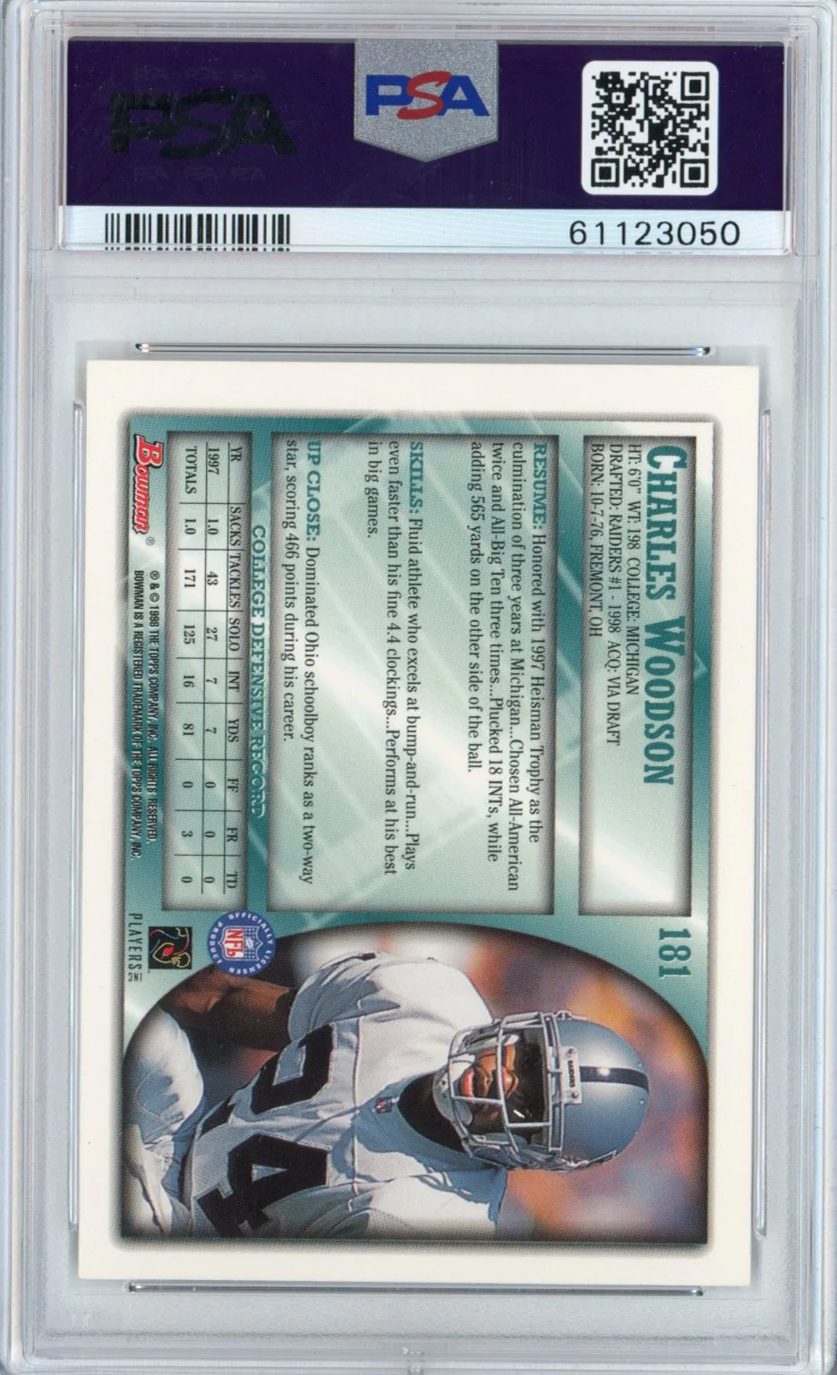 Graded 1998 Bowman Charles Woodson #181 Rookie RC Football Card PSA 10 Gem Mint - Image 2