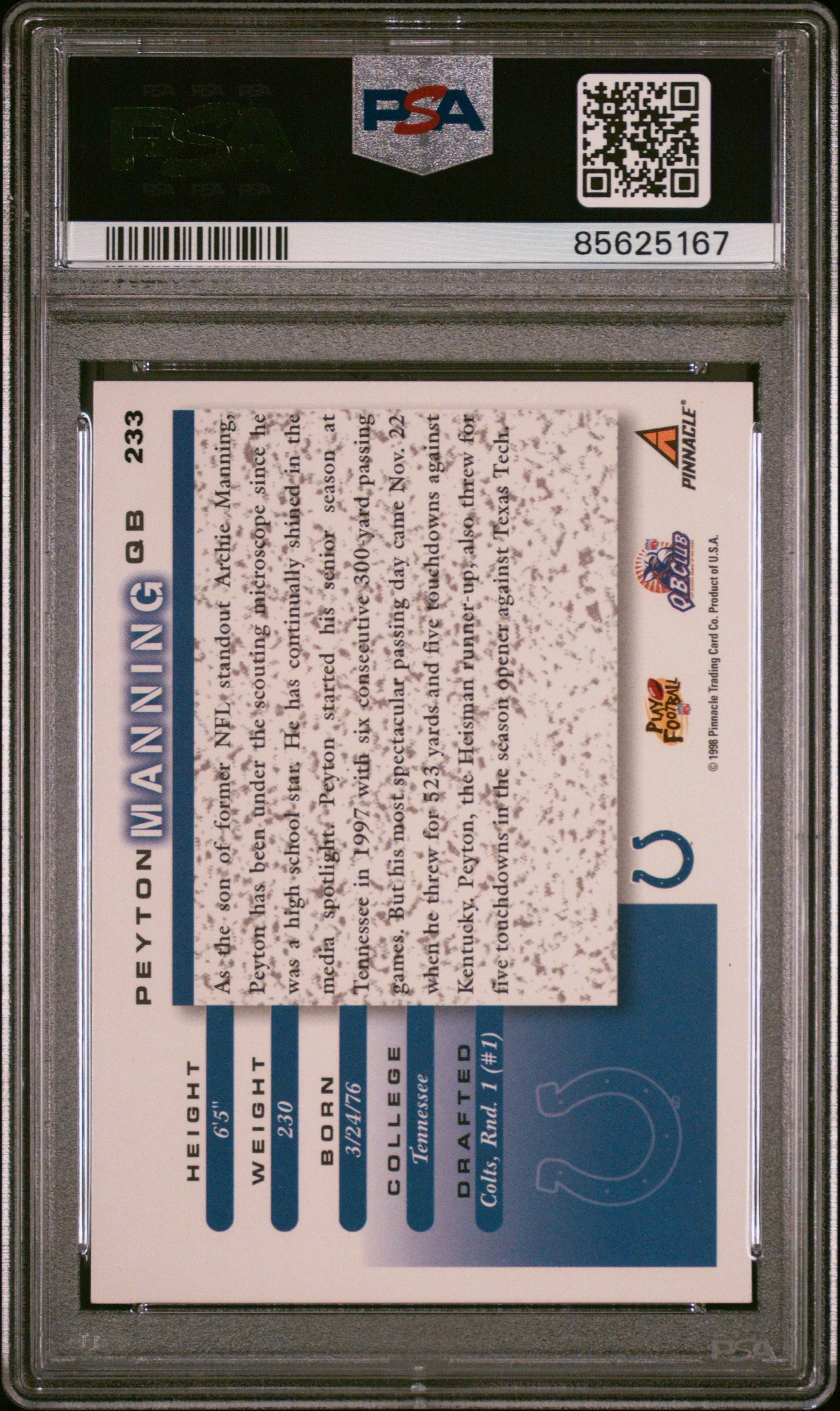 Graded 1998 Score Peyton Manning #233 Rookie RC Football Card PSA 9 Mint - Image 2