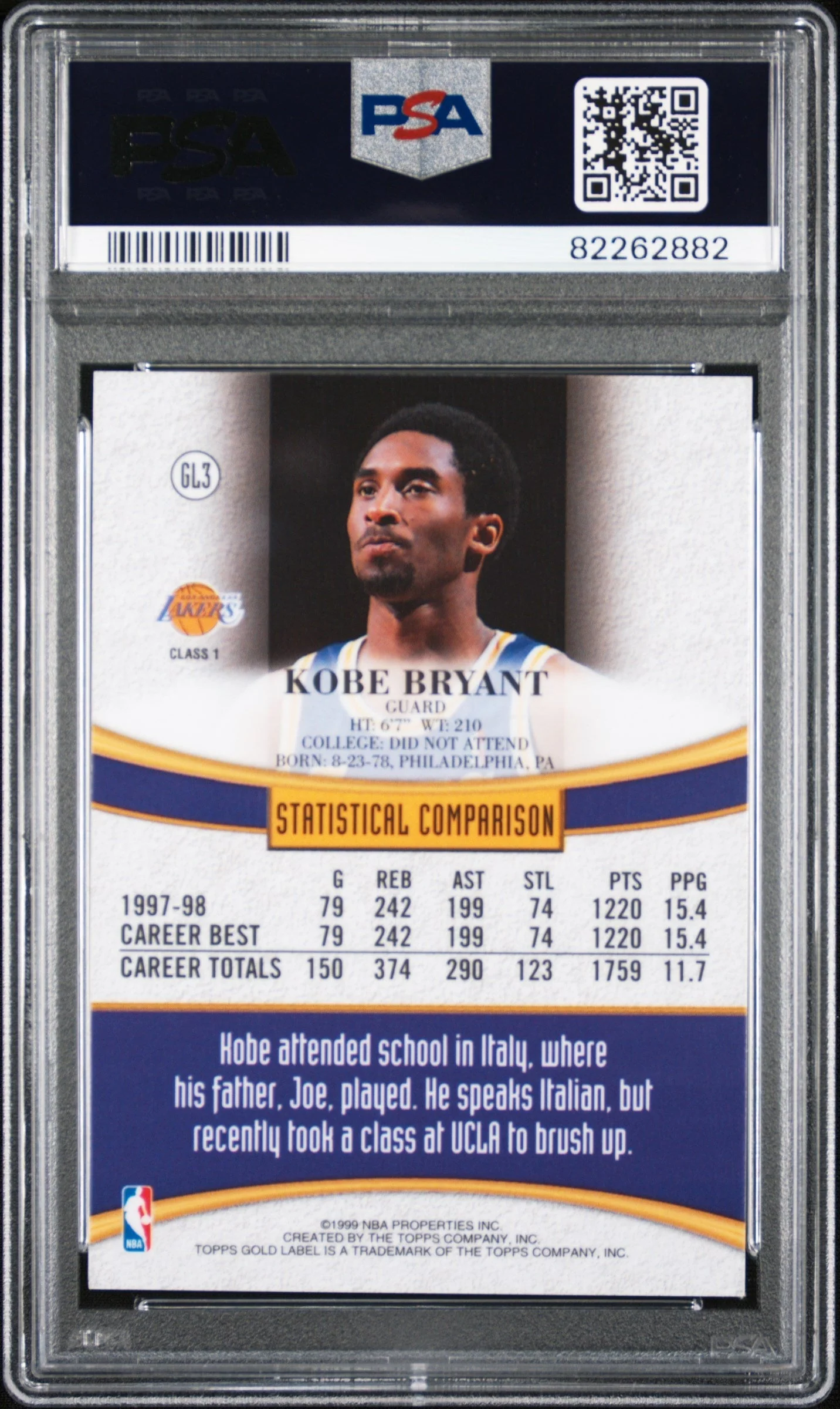 Graded 1998 Topps Gold Label Kobe Bryant #GL3 Basketball Card PSA 9 Mint - Image 2