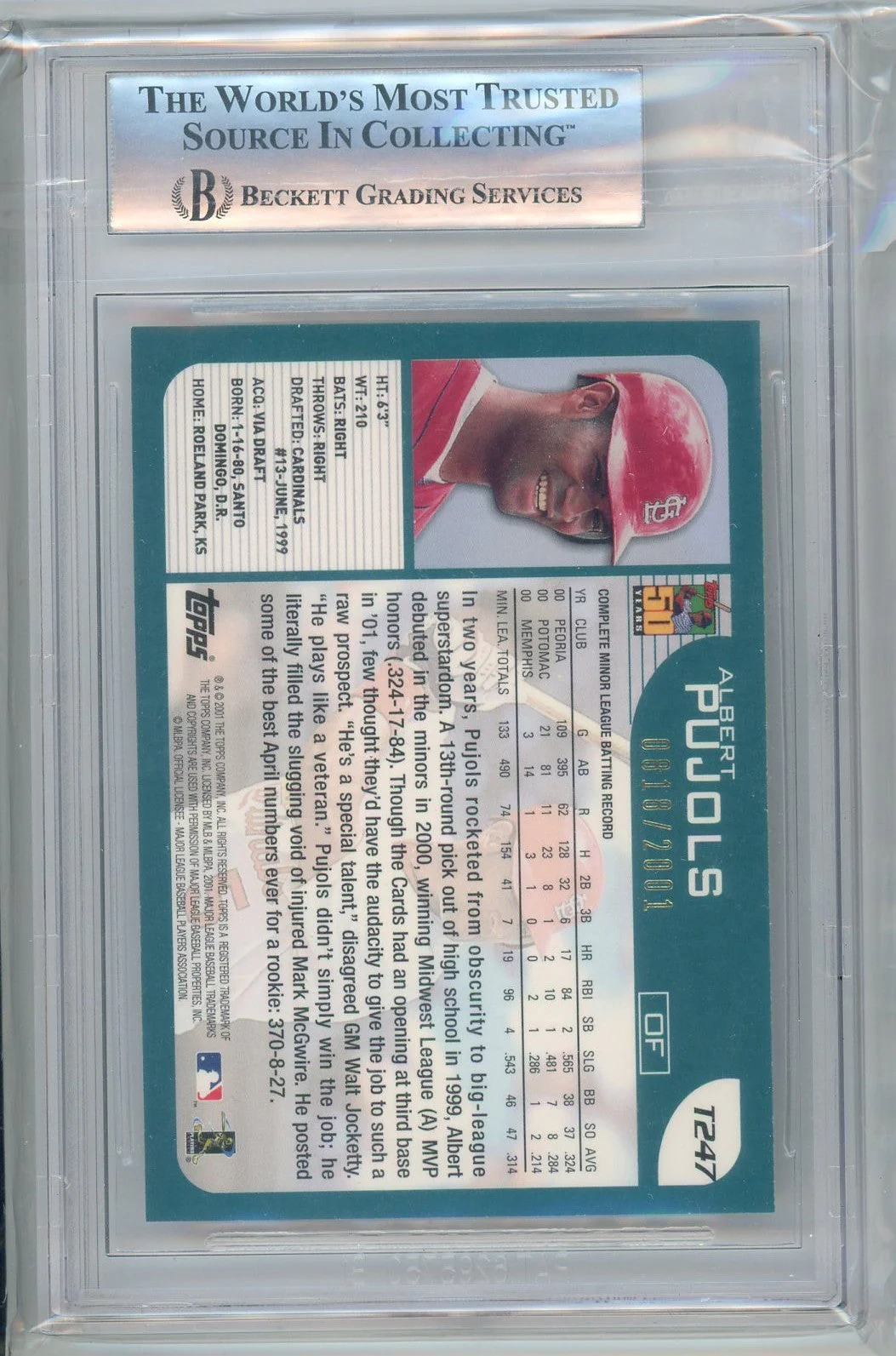 Graded 2001 Topps Traded Gold Albert Pujols #T247 /2001 Rookie RC Baseball Card BGS 9 - Image 2