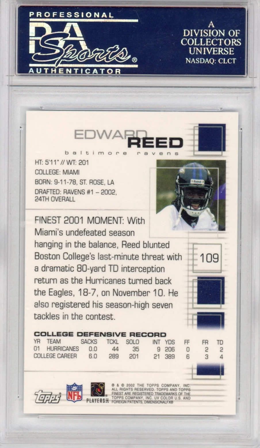 Graded 2002 Topps Finest Ed Reed #109 Rookie RC Football Card PSA 10 Gem Mint - Image 2