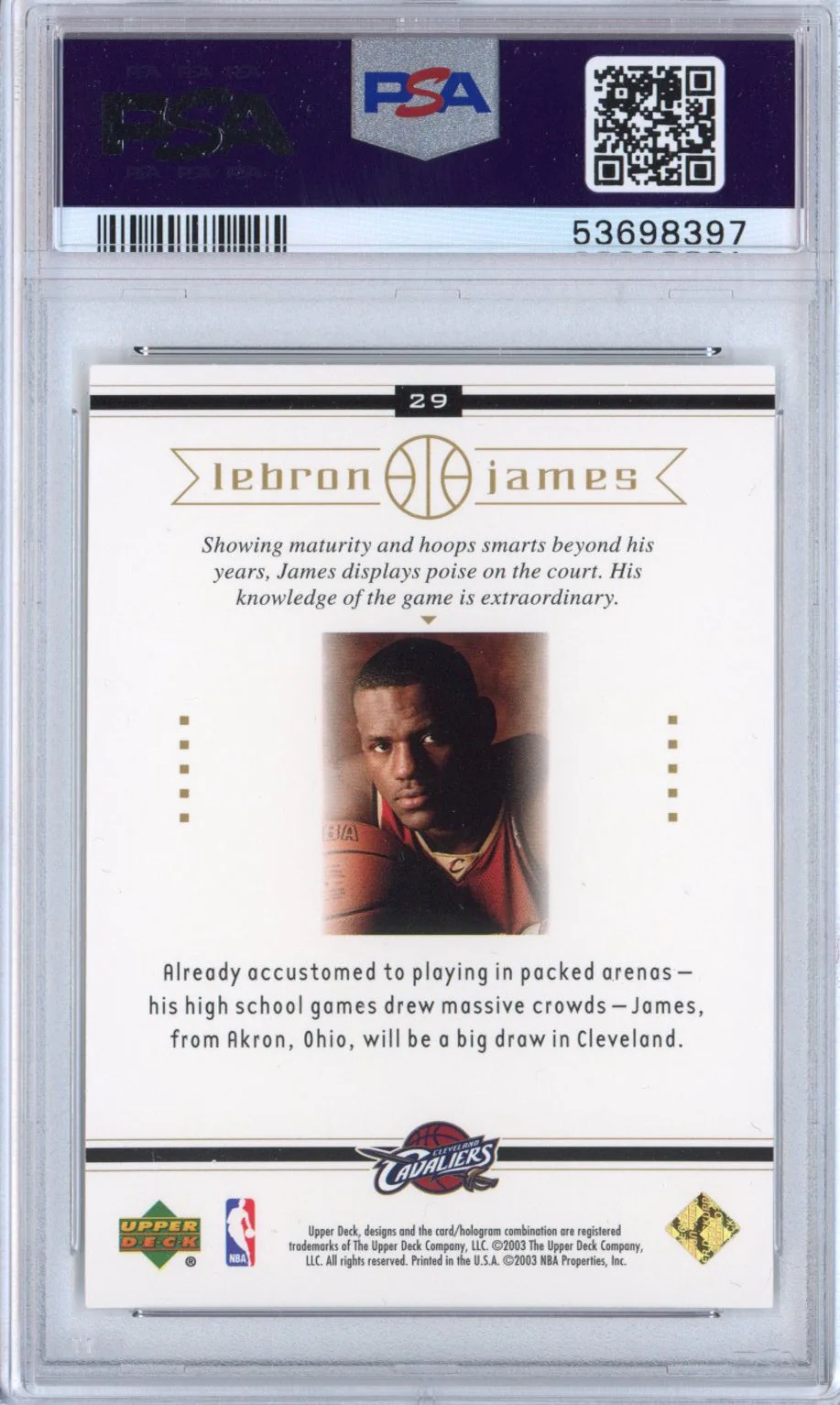 Graded 2003-04 Upper Deck LeBron James #29 Box Set Rookie RC Basketball Card PSA 10 Gem Mint - Image 2