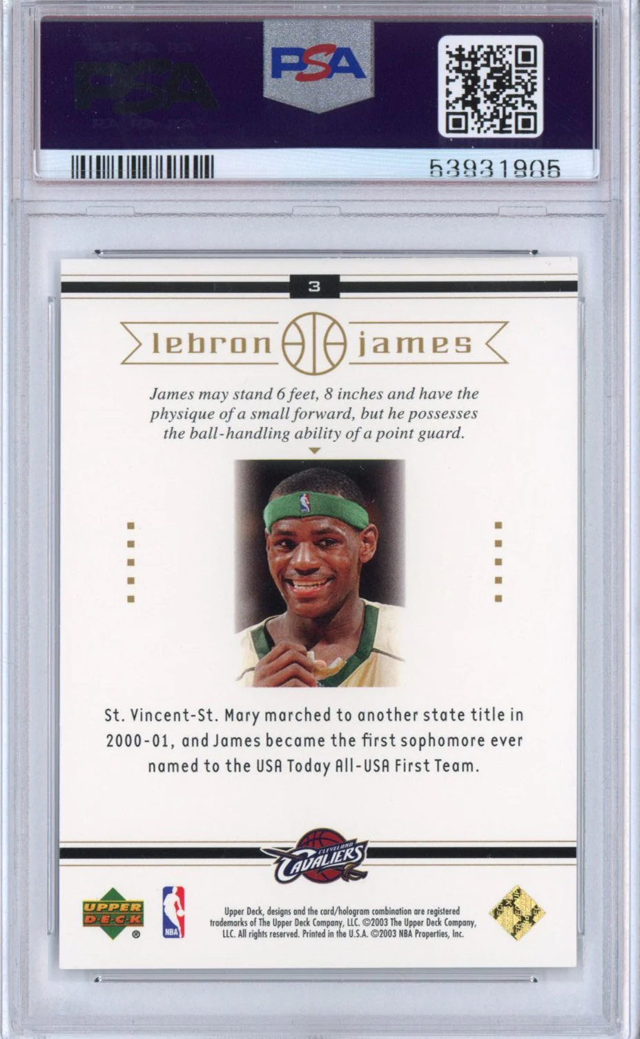 Graded 2003-04 Upper Deck LeBron James #3 Box Set Rookie RC Basketball Card PSA 10 Gem Mint - Image 2