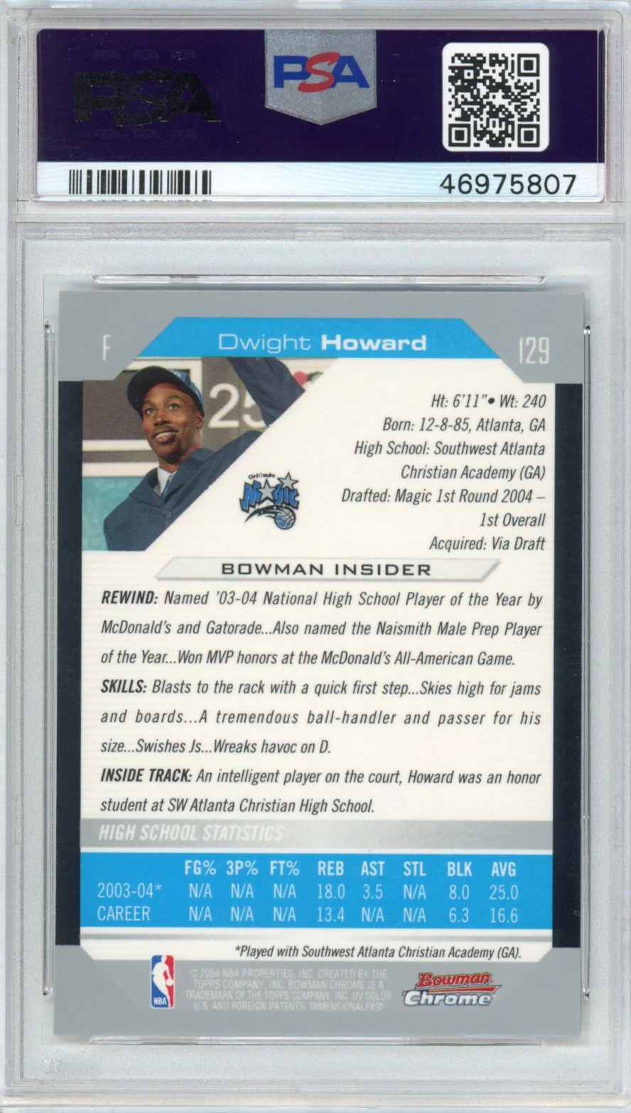 Graded 2004-05 Bowman Chrome DP Draft Picks & Prospects Dwight Howard #129 Rookie RC Basketball Card PSA 10 Gem Mint - Image 2