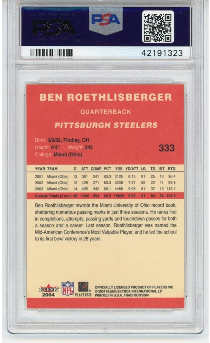 Graded 2004 Fleer Tradition Ben Roethlisberger #333 Rookie RC Football Card PSA 10 Gem Mint - Image 2