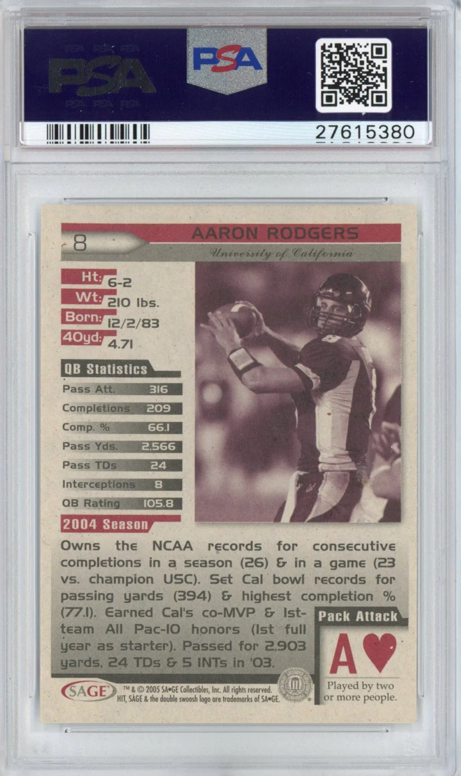 Graded 2005 Sage SA-GE Hit Aaron Rodgers #8 Rookie RC Football Card PSA 10 Gem Mint - Image 2