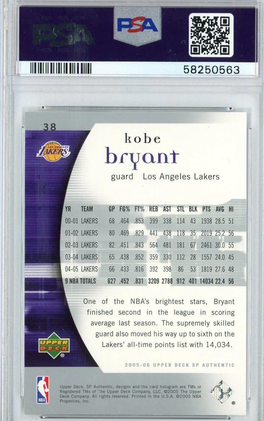 Graded 2005 Upper Deck SP Authentic Kobe Bryant #38 Basketball Card PSA 10 Gem Mint - Image 2