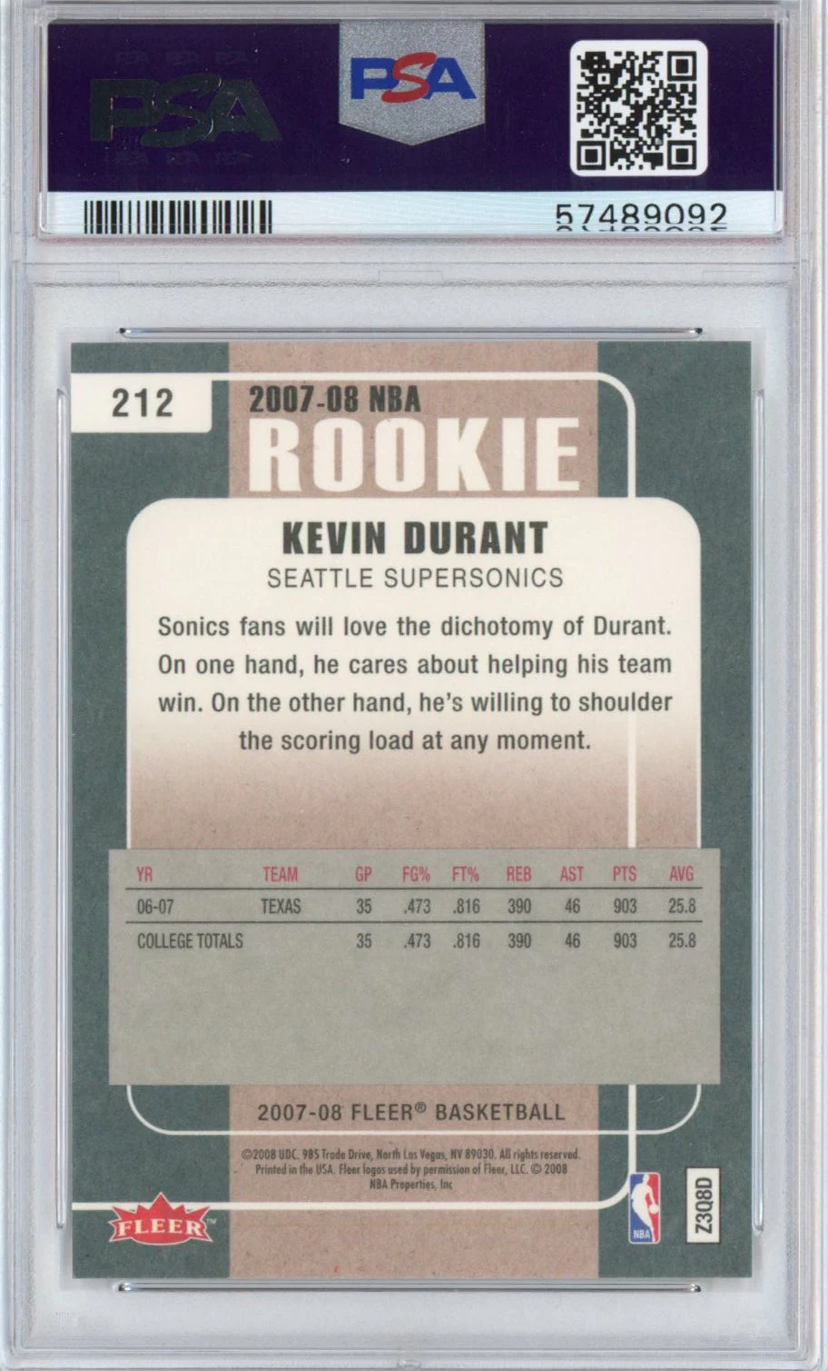 Graded 2007-08 Fleer Kevin Durant #212 Rookie RC Basketball Card PSA 10 Gem Mint - Image 2
