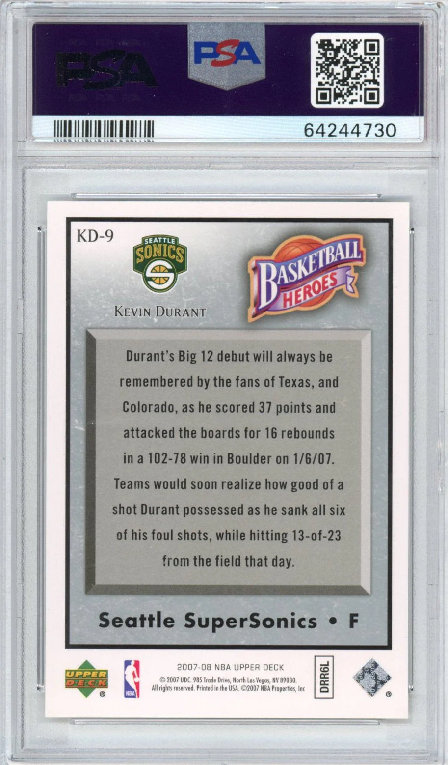 Graded 2007-08 Upper Deck UD NBA Heroes Kevin Durant #KD-9 Rookie RC Basketball Card PSA 10 Gem Mint - Image 2