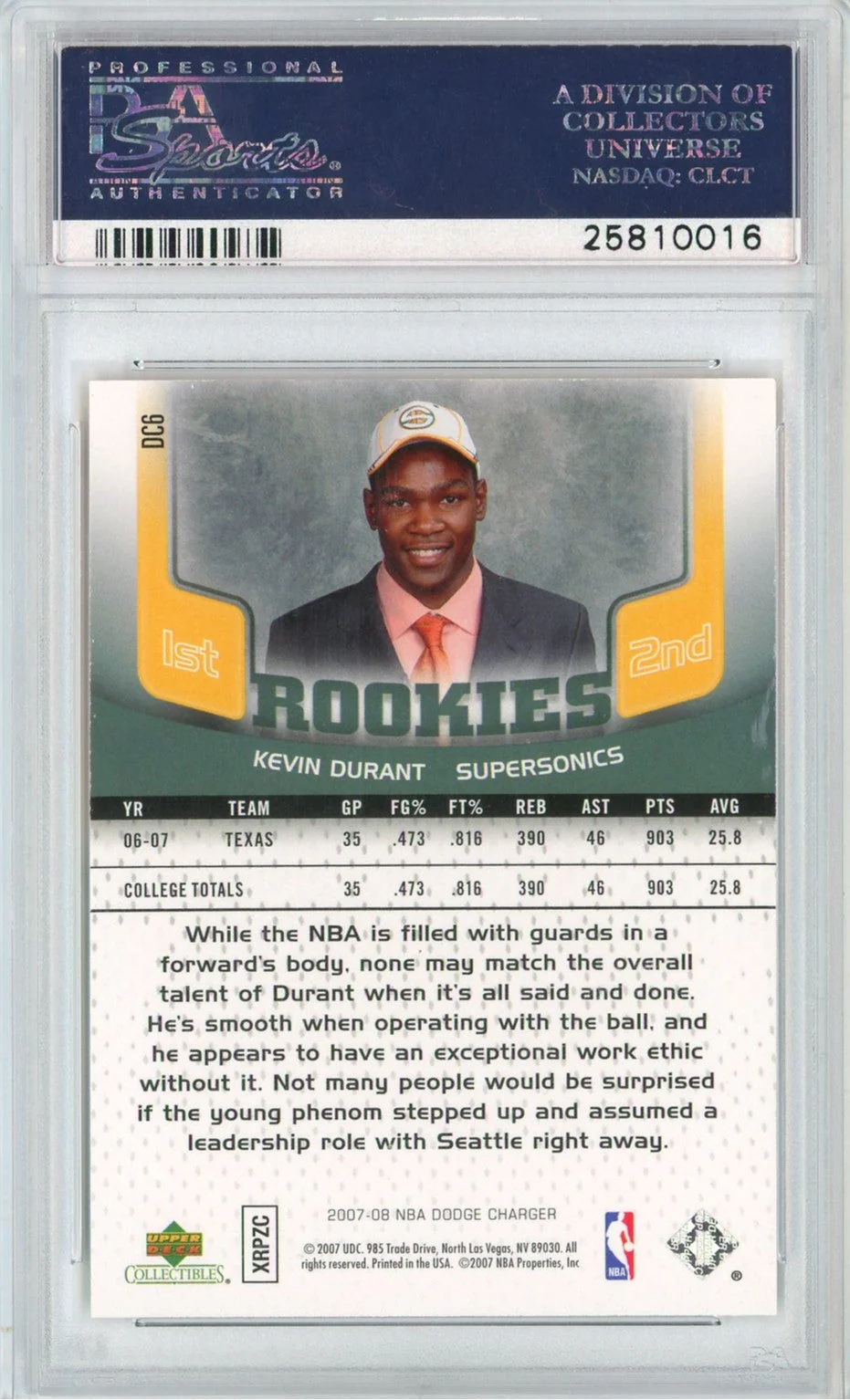 Graded 2007 Upper Deck Kevin Durant #DC6 NBA Dodge Charger Rookie RC Basketball Card PSA 10 Gem Mint - Image 2