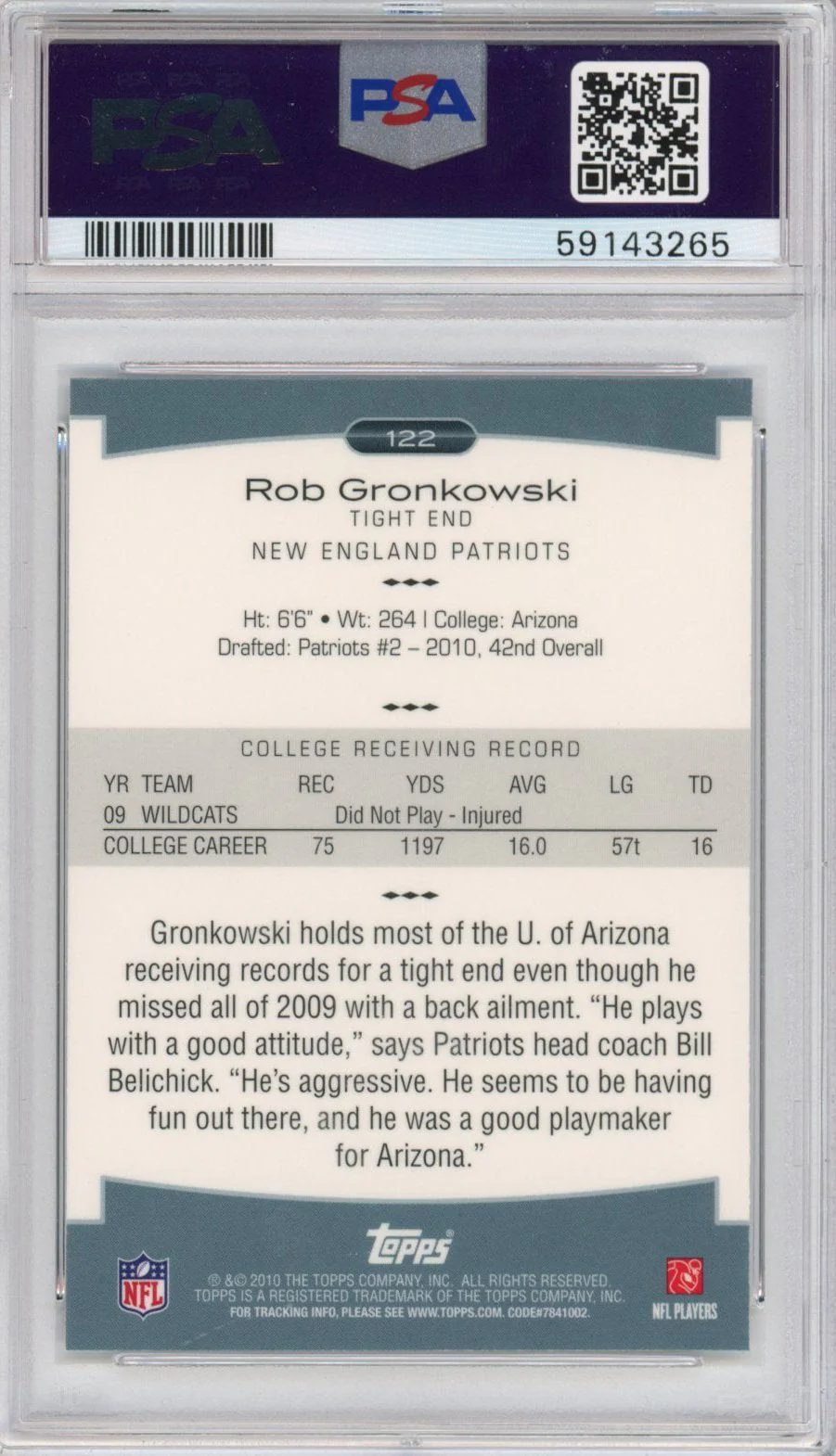 Graded 2010 Topps Platinum Rob Gronkowski #122 Rookie RC Football Card PSA 10 Gem Mint - Image 2