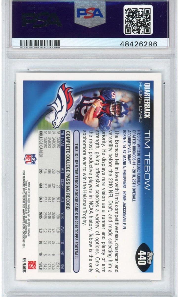 Graded 2010 Topps Tim Tebow #440 Leaping Rookie RC Football Card PSA 10 Gem Mint - Image 2