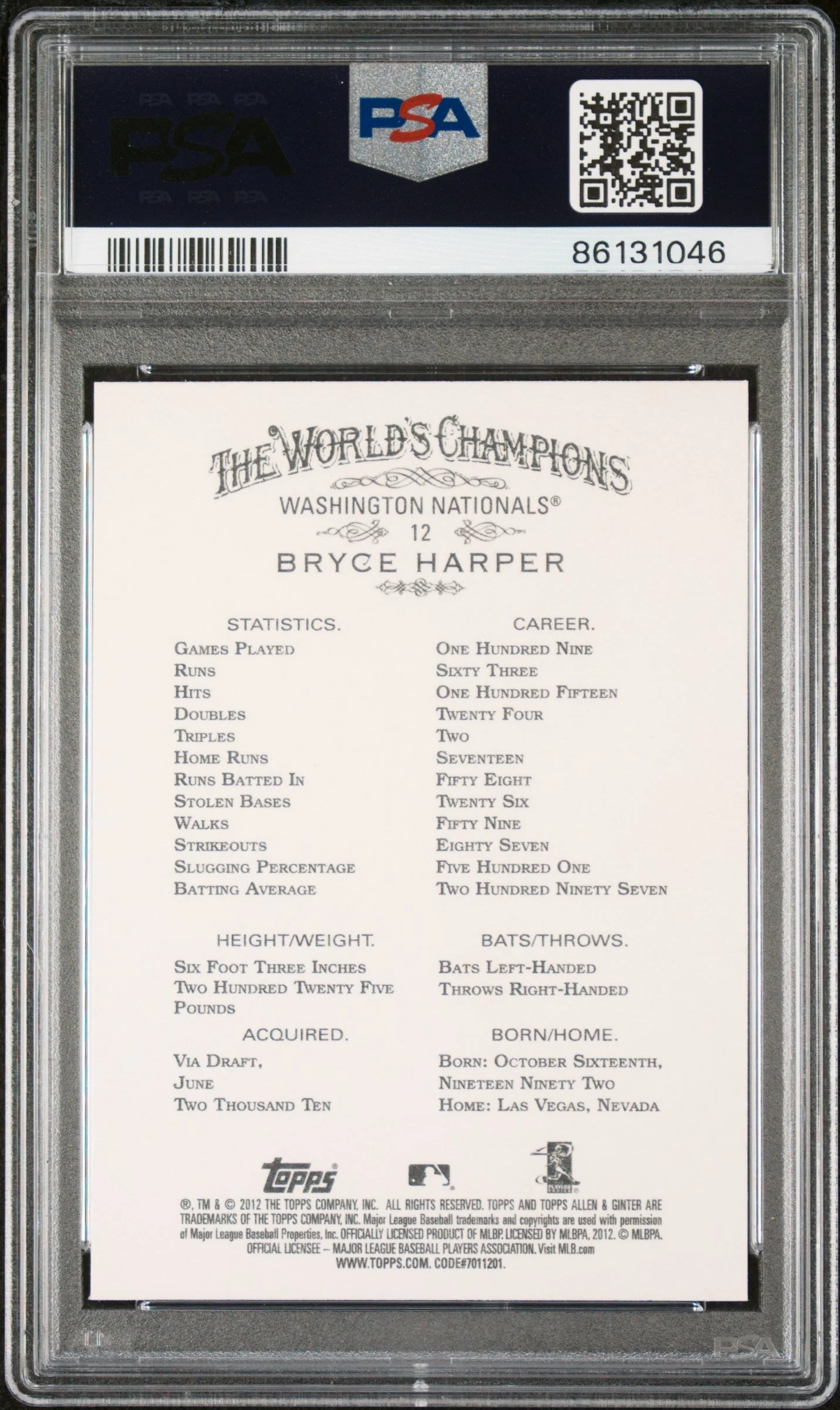 Graded 2012 Topps Allen & Ginter Bryce Harper #12 Rookie RC Baseball Card PSA 10 Gem Mint - Image 2
