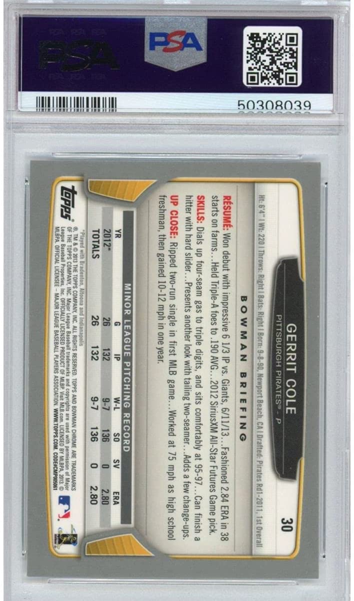 Graded 2013 Bowman Chrome Gerrit Cole #30 Rookie RC Baseball Card PSA 10 Gem Mint - Image 2
