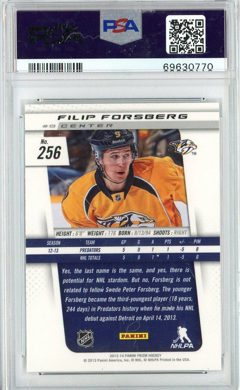 Graded 2013 Panini Prizm Filip Forsberg #256 Rookie RC Hockey Card PSA 10 Gem Mint - Image 2