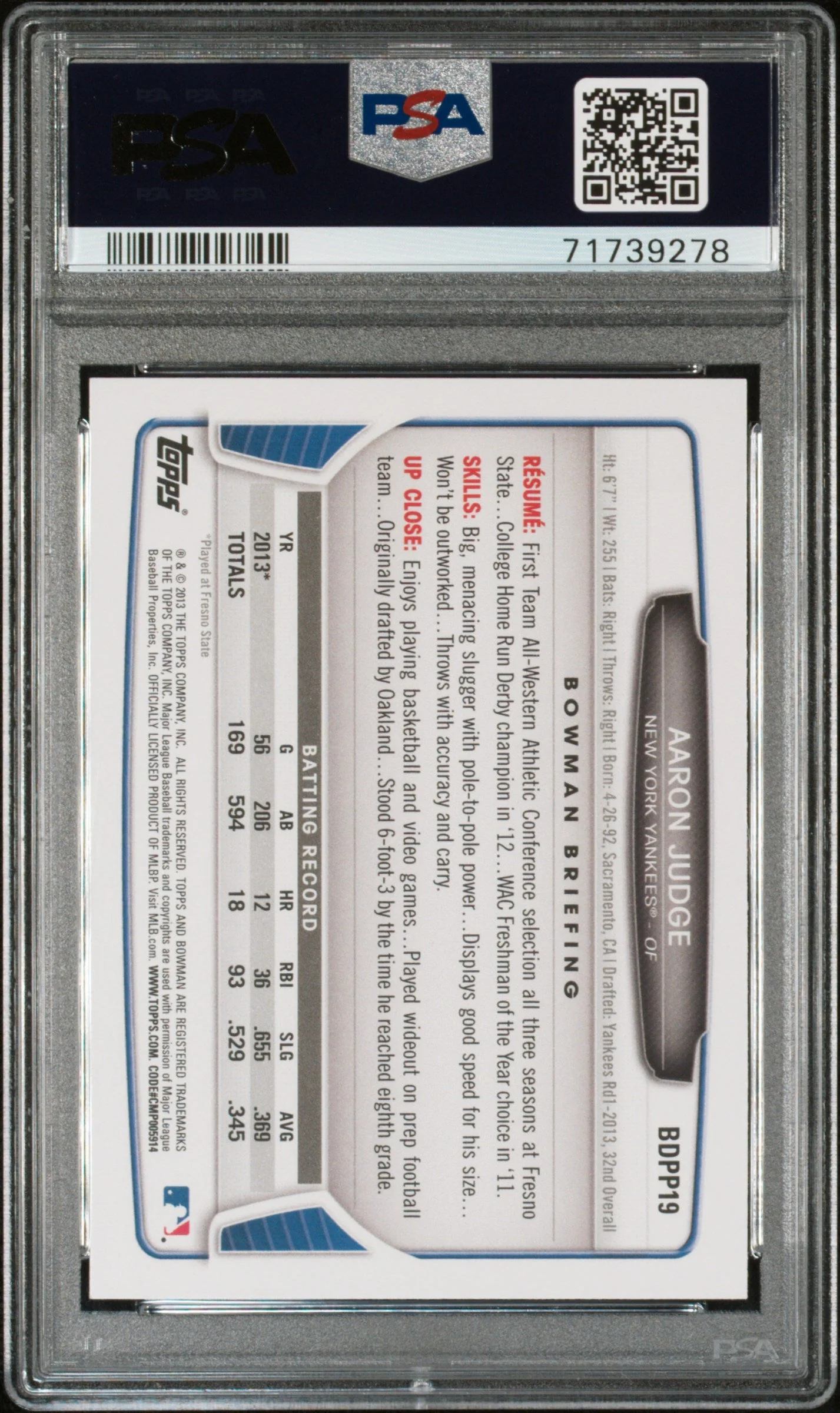 Graded 2013 Topps Bowman Draft Picks & Prospects Aaron Judge #BDPP19 Rookie RC Baseball Card PSA 10 Gem Mint - Image 2