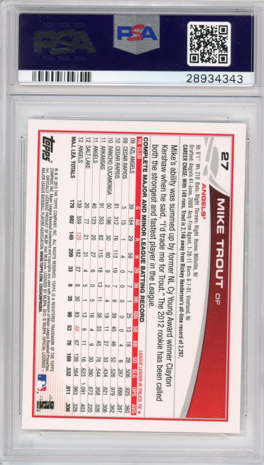 Graded 2013 Topps Mike Trout #27 Sliding Rookie Cup RC Baseball Card PSA 10 Gem Mint - Image 2
