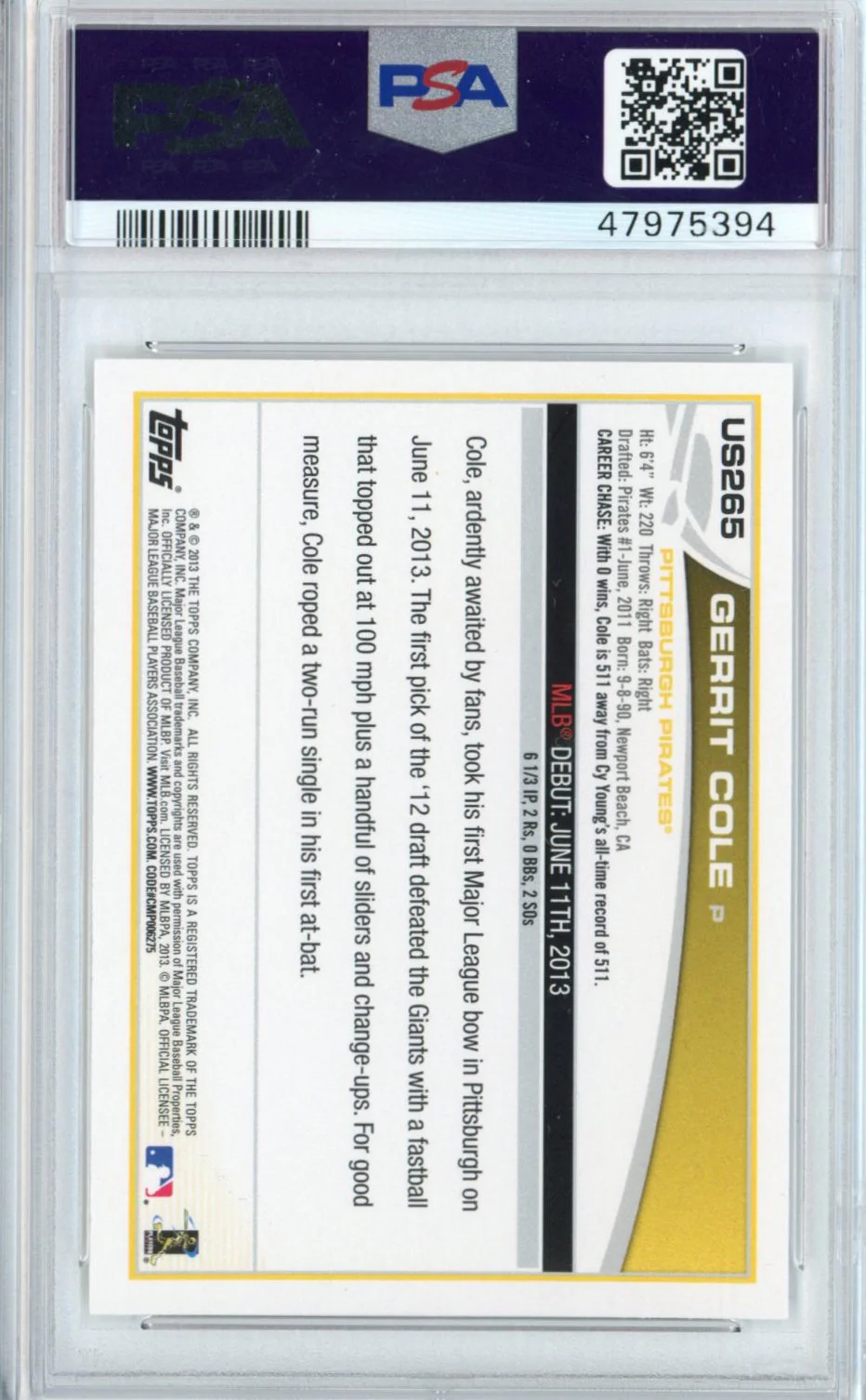 Graded 2013 Topps Update Gerrit Cole #US265 Rookie RC Baseball Card PSA 10 Gem Mint - Image 2