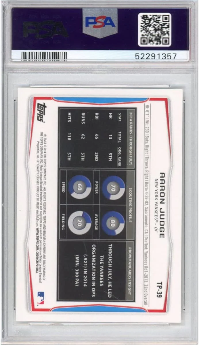 Graded 2014 Topps Bowman Draft Picks Aaron Judge #TP39 Top Prospects Rookie RC Baseball Card PSA 10 Gem Mint - Image 2